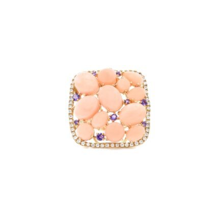 14K Solid Gold Coral and Amethyst with Diamond Ring