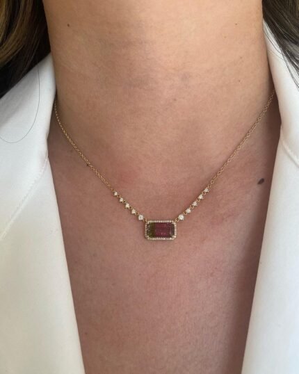 14K Solid Gold Watermelon Tourmaline Diamond Necklace