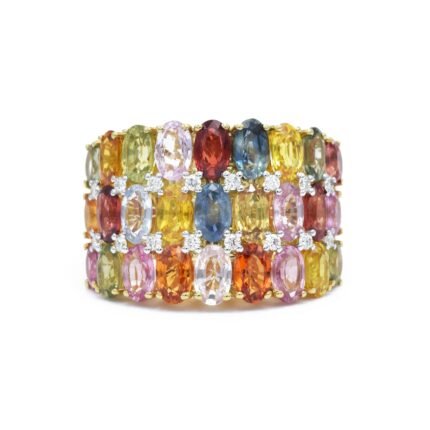 14K Solid Gold Multi-Color Sapphire Triple-Row Ring