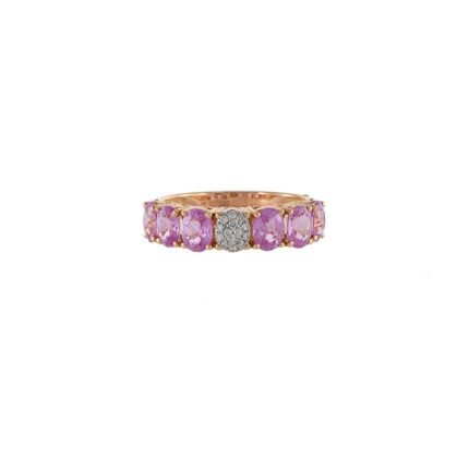 14K Solid Gold Pink Sapphire and Diamond Band