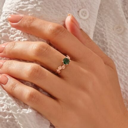 14K Solid Gold Emerald Solitaire Leaf Ring