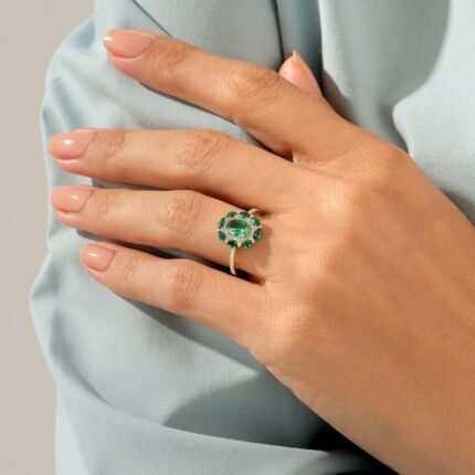 14K Solid Gold Emerald Floral Ring