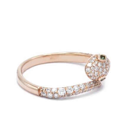 14K Solid Gold Diamond Snake Ring With Emerald Eyes
