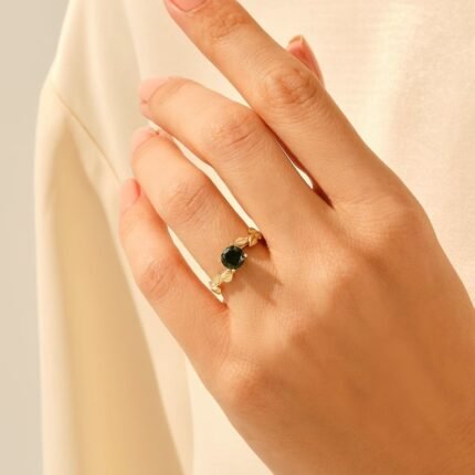 14K Solid Gold Emerald Solitaire Leaf Ring
