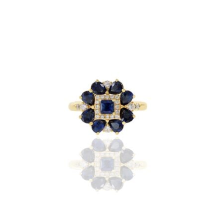 14K Solid Gold Blue Sapphire and Diamond Flower Ring