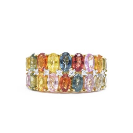 14K Solid Gold Multi-Color Sapphire Two-Row Ring