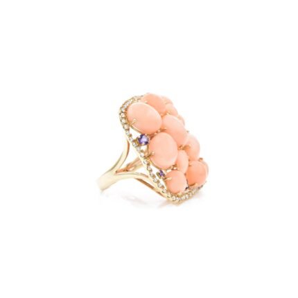 14K Solid Gold Coral and Amethyst with Diamond Ring