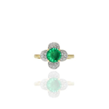 14K Solid Gold Emerald and Diamond Flower Ring