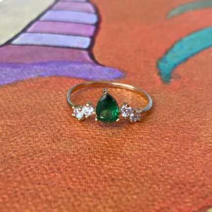 14K Solid Gold Pear Emerald Anniversary Ring