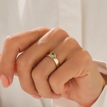 14K Solid Gold Marquise Emerald Band Ring