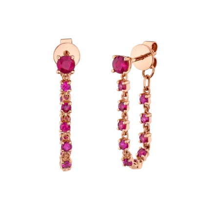 14K Solid Gold Ruby Long Loop Earrings