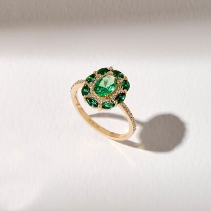 14K Solid Gold Emerald Floral Ring