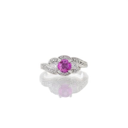 14K Solid Gold Pink Sapphire and Diamond Swirl Ring