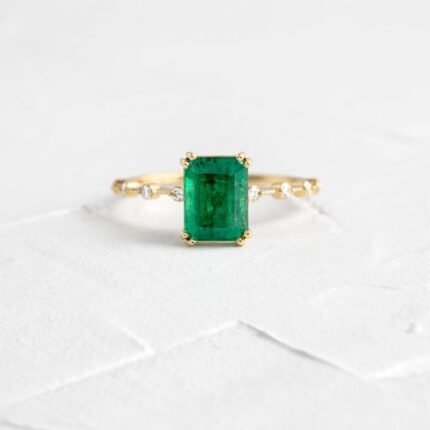 14K Solid Gold Solitaire Emerald Ring