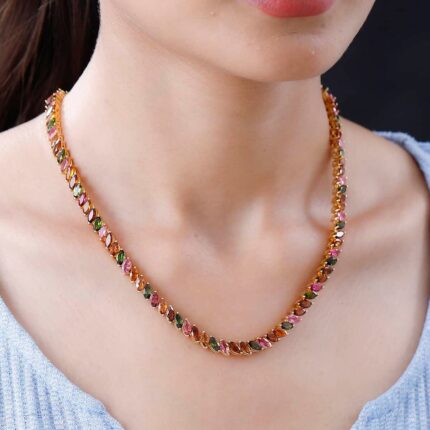 14K Solid Gold Marquise cut Tourmaline Tennis Necklace