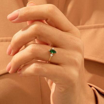 14K Solid Gold Emerald Marquise Ring