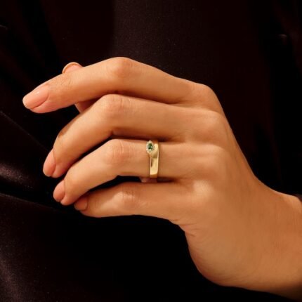 14K Solid Gold Marquise Emerald Band Ring