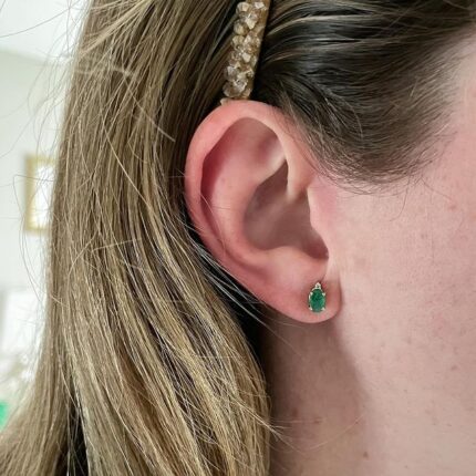 14K Solid Gold Emerald Diamond Studs