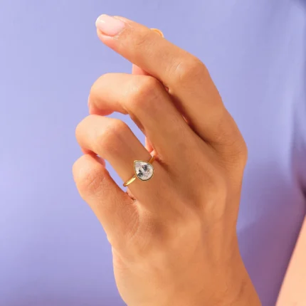 14K Solid Gold 1.5CT Natural Diamond Bezel Set Pear Solitaire Ring