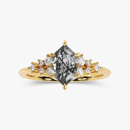 14K Solid Gold Long Hexagon Black Rutilated Quartz Engagement Ring