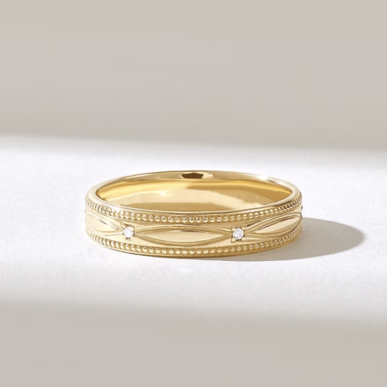 Pave Natural Diamond Vintage Wedding Band, 4mm Wide 14k Solid Gold Migraine Band