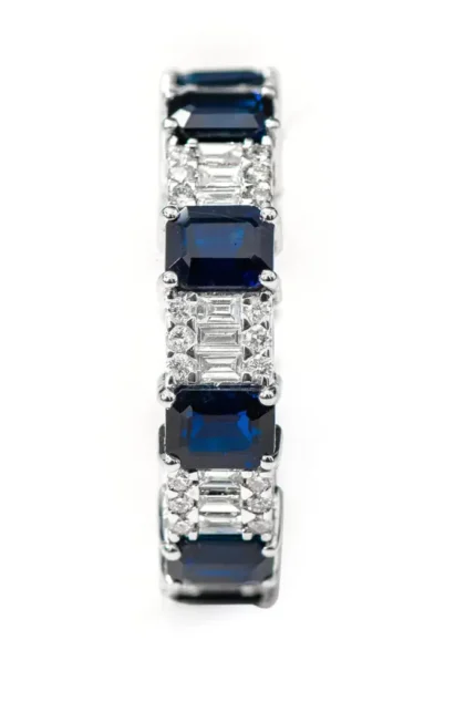 14K Solid Gold 5.26 Carat Emerald-Cut Sapphire and Diamond Eternity Band Ring