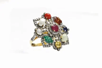14K Solid Gold Nine Precious Gems Fashion Ring in Art Deco Style