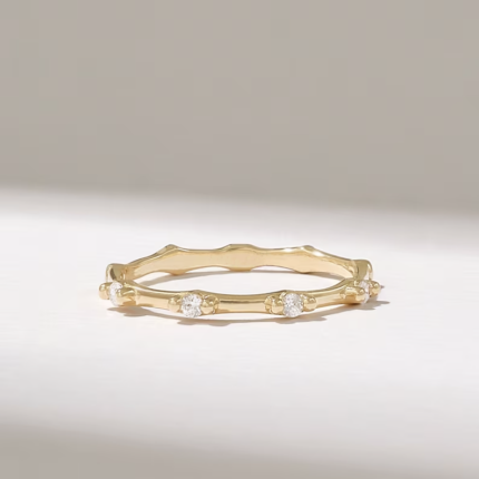 Natural Diamond Bamboo Ring: 14k Solid Gold Stacking Ring for Women, Pave Bone Design