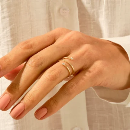 Natural Diamond Bezel Spiral Ring | 14k Wrap Around Ring | Solid Gold Thin Coil Ring
