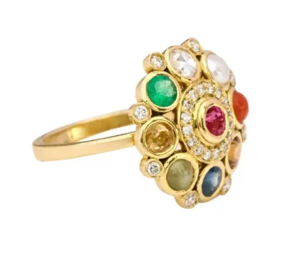 14K Solid Gold Nine Precious Gems "Nav ratan" Statement Ring For Women