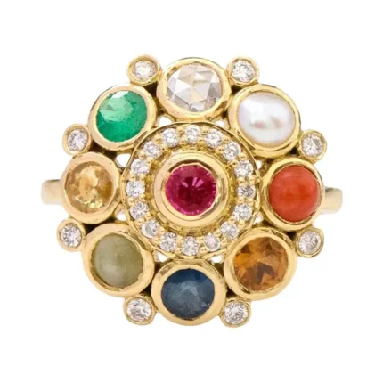14K Solid Gold Nine Precious Gems "Nav ratan" Statement Ring For Women
