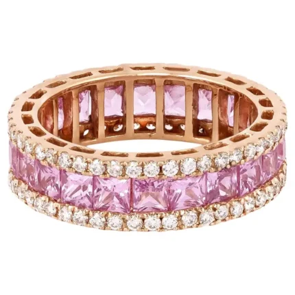 14K Solid Gold 4.05 Carat Diamond and Pink Sapphire Eternity Cocktail Ring