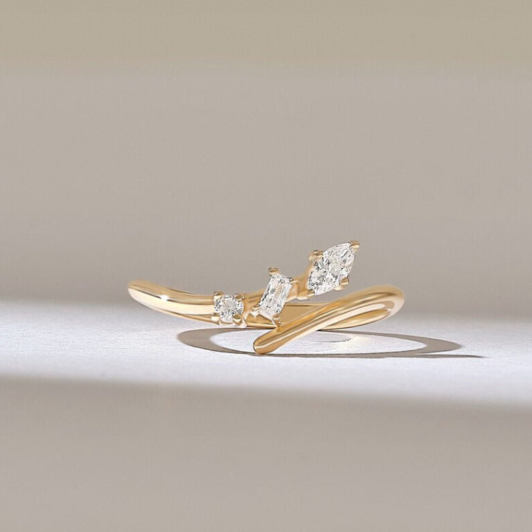 0.2ct Mixed Cut Natural Diamond Bypass Ring | Unique 14k Solid Gold Stacking Ring