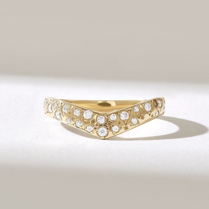 Natural Diamond Wishbone Ring | 14k Gold Curved Wedding Band | Solid V-Shaped Band