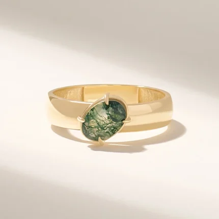 14K Solid Gold Moss Agate Solitaire Ring