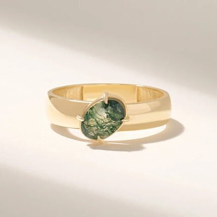 14K Solid Gold Moss Agate Solitaire Ring