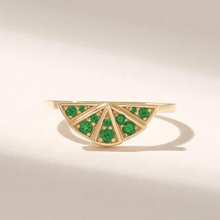 14K Solid Gold Pave Emerald Boho Ring