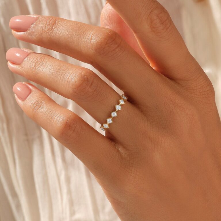 0.45Ct Princess Natural Diamond Wedding Ring - Half Eternity Band in Solid Gold