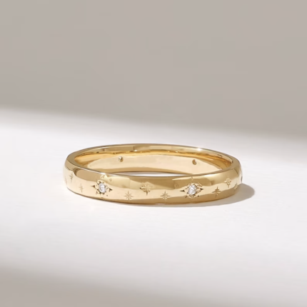Natural Diamond Starburst Wedding Band, 14k Solid Gold Dainty Celestial Ring for Women