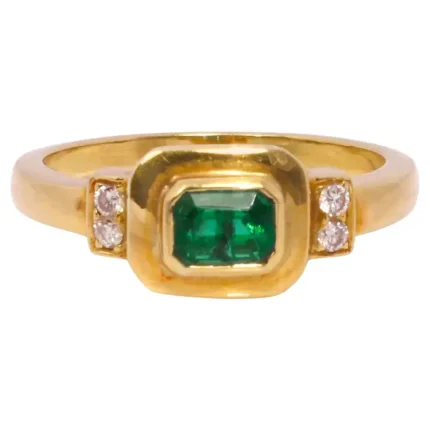14K Solid Gold Natural Emerald and Diamond Art-Deco Style Ring