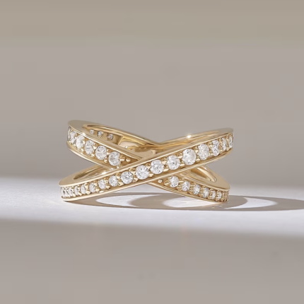 Ascending Pave Natural Diamond Crossover Ring Unique X Design, Solid Gold Statement Ring