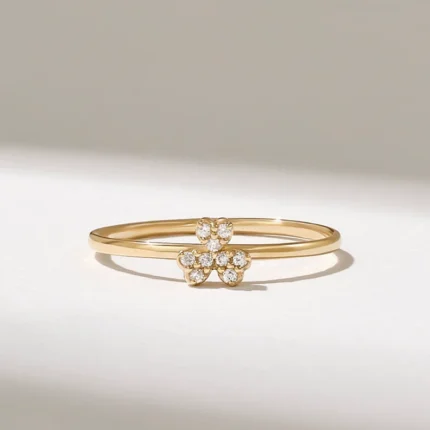 14K Solid Gold Tiny Natural Diamond Trefoil Ring
