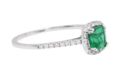 14K Solid Gold 0.79 Carat Natural Emerald and Diamond Halo Cluster Ring