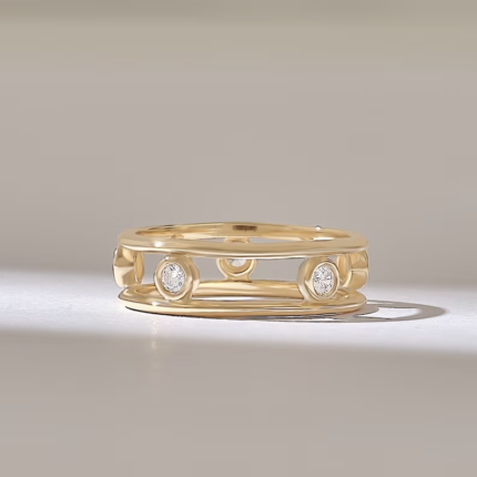 Double Band Distance Ring, 14k Solid Gold Round Bezel Natural Diamond Wedding Band