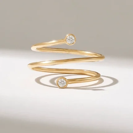 Natural Diamond Bezel Spiral Ring | 14k Wrap Around Ring | Solid Gold Thin Coil Ring