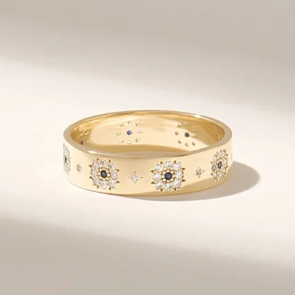 14K Solid Gold Sapphire Flower Band