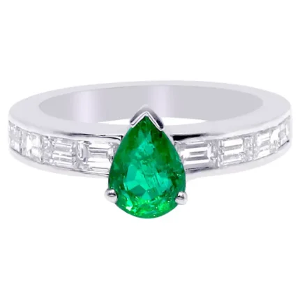 14K Solid Gold Natural Emerald and Diamond Solitaire Band Ring