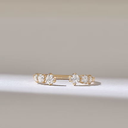 14k Solid Gold Ascending Natural Diamond Front Cuff Ring: Adjustable Minimalist Band