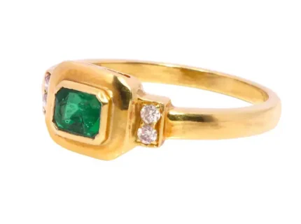 14K Solid Gold Natural Emerald and Diamond Art-Deco Style Ring