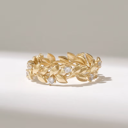 Natural Diamond Pave Leaf Ring | Solid Gold Vine Eternity Wedding Band | Dainty Ring